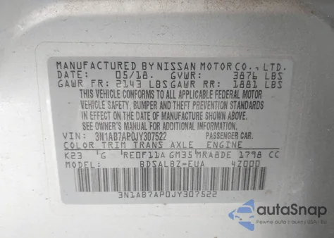 2018 Nissan Sentra S from USA, damaged, VIN 3N1AB7AP0JY307522